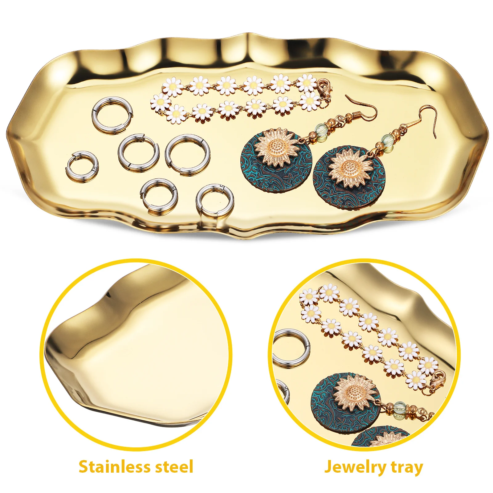 

Набор из 2 металлических подставок для украшений из нержавеющей стали с узором, безопасный органайзер для драгоценностей, маленький декоративный держатель для колец, для туалетного столика