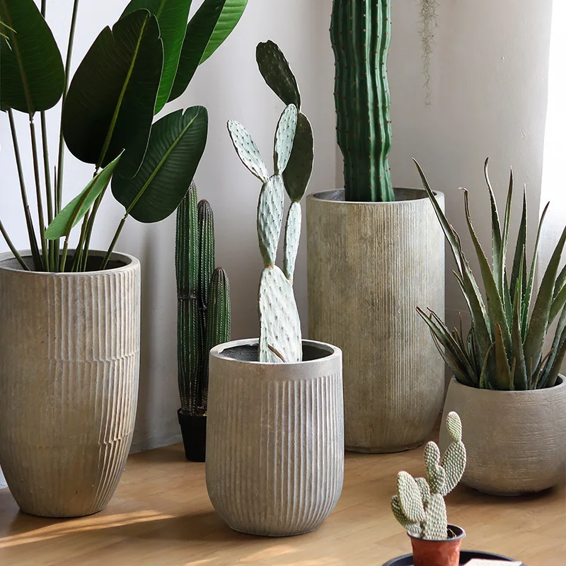 Retro large floor-to-ceiling flower pot magnesium mud breathable high cylindrical flower pot living room garden shopping mall de