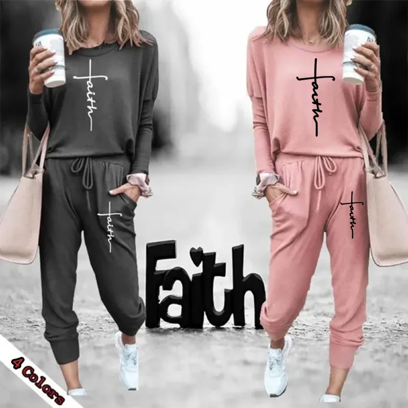 New Fashion Women Tracksuit Casual Long Sleeve Hoodies and Pants Tracksuit Faith Printed Jogging Suits