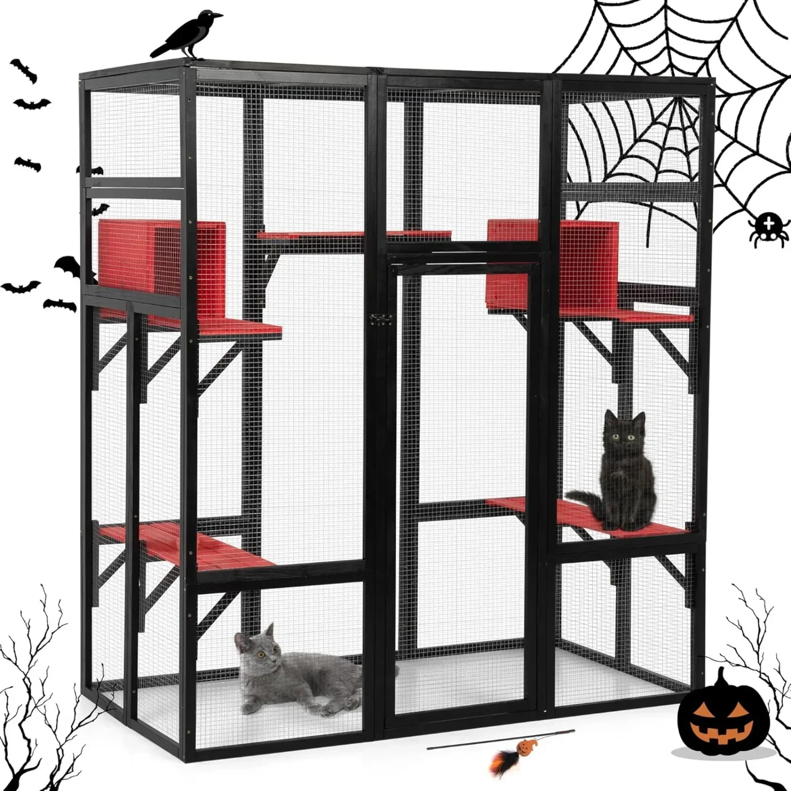 

Large Wooden Cat Enclosure Spacious with Condos and Perches, Indoor Cage, Outdoor, 70Inches