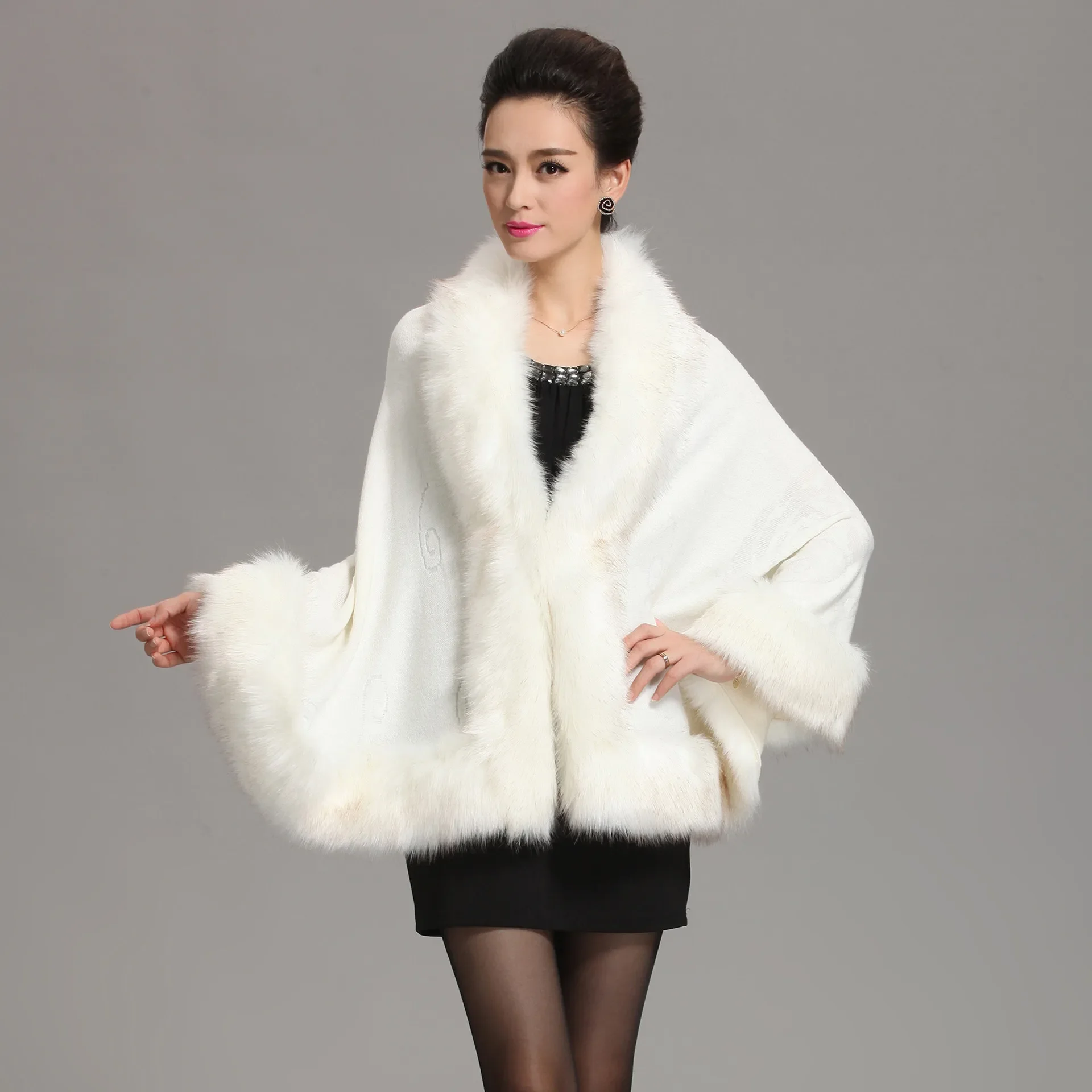 

13 Colors Faux Fox Fur Collar Wool Cashmere Poncho Capes New Winter Women Black White Knitted Cardigan Loose Emboss Shawl Coat