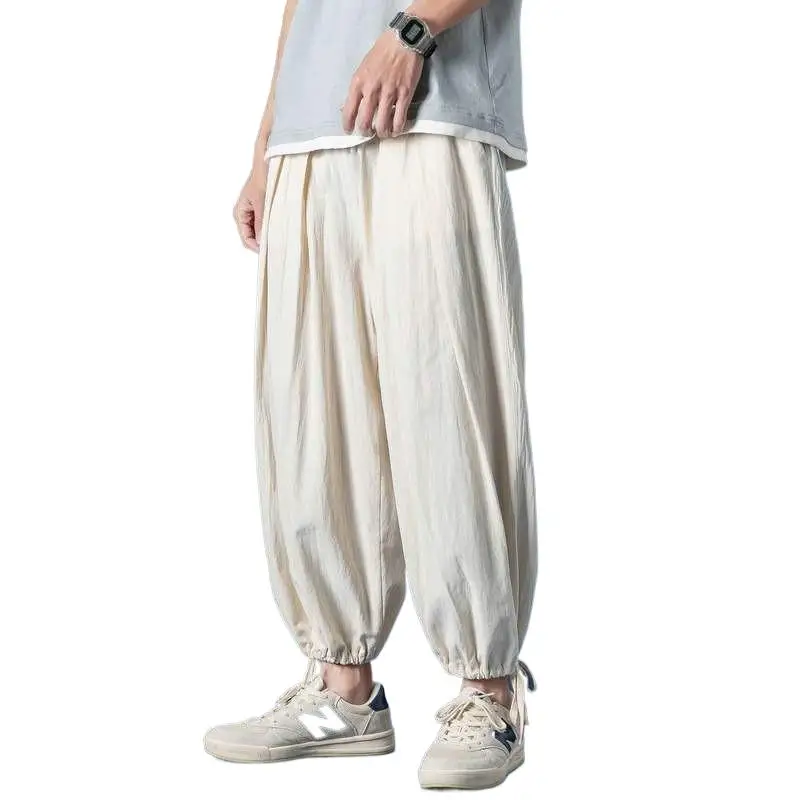 Wide leg Pants Men Streetwear Baggy Loose Pants M-8XL Plus size Ankle length Trousers cotton linen pants Black white khaki