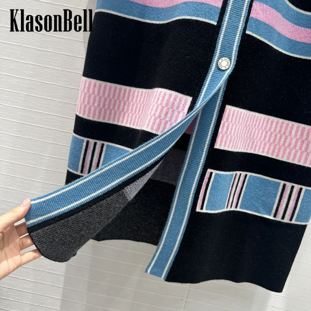 8.21 KlasonBell Women Elegant Fashion Geometric Striped Jacquard Cardigan Cashmere Knit Comfortable V-Neck Loose Long Coat