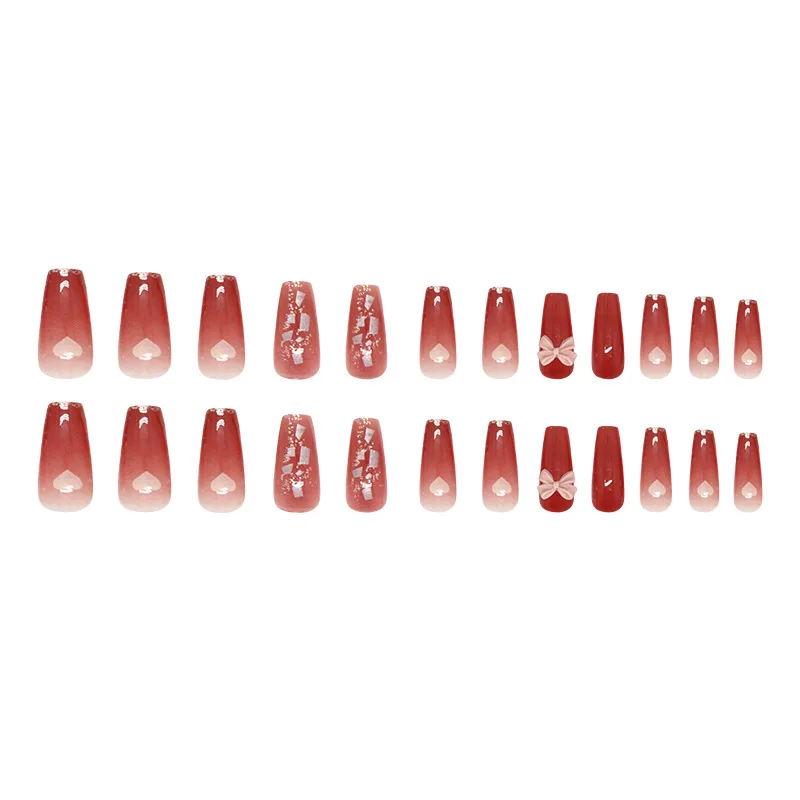 24個入り レッドグラデーションボウプレスオンネイル ハートプリント マニキュア装着可能ネイル 女性と女の子用 付け爪