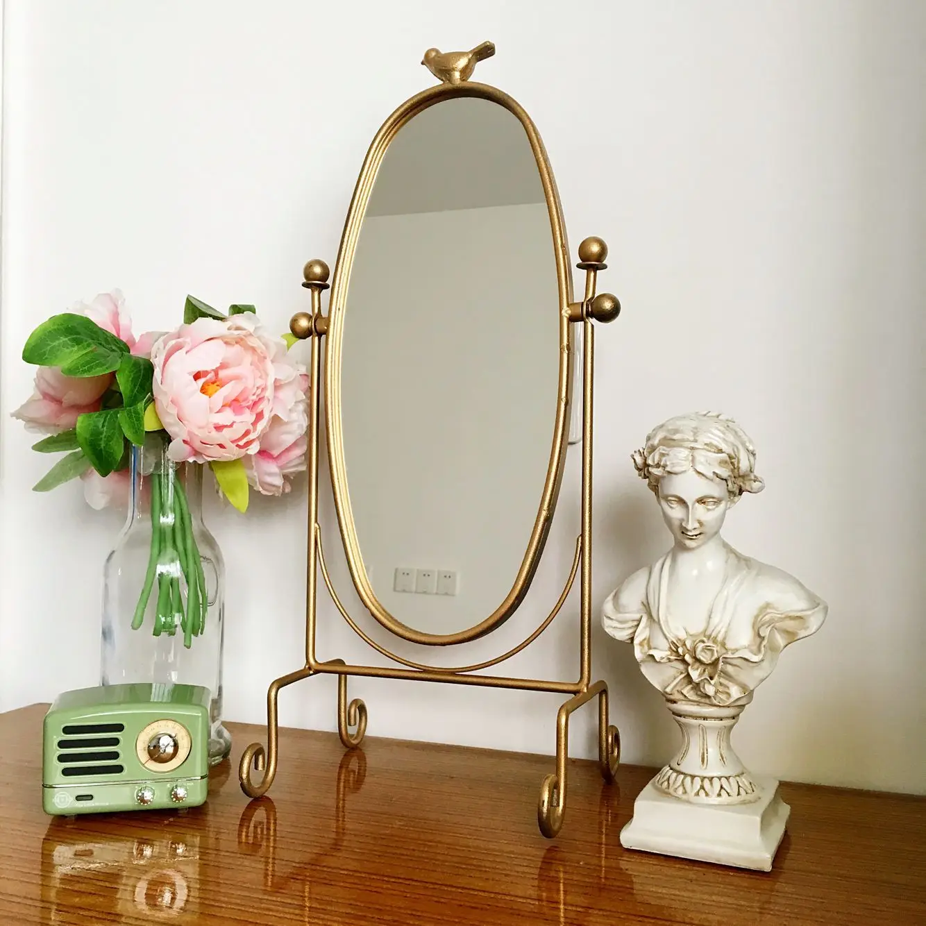 Houzz European, French, and American retro gold metal bird tabletop makeup mirror, dressing mirror, large size