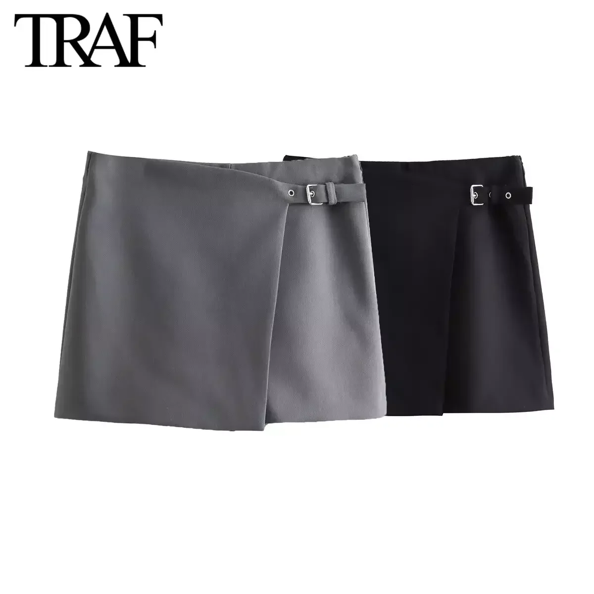 TRAF Women Fashion 2024 Spring New Casual Asymmetric Pocket SkirtPants Chic Female High Waisted Culottes Wide Leg Shorts Mujer