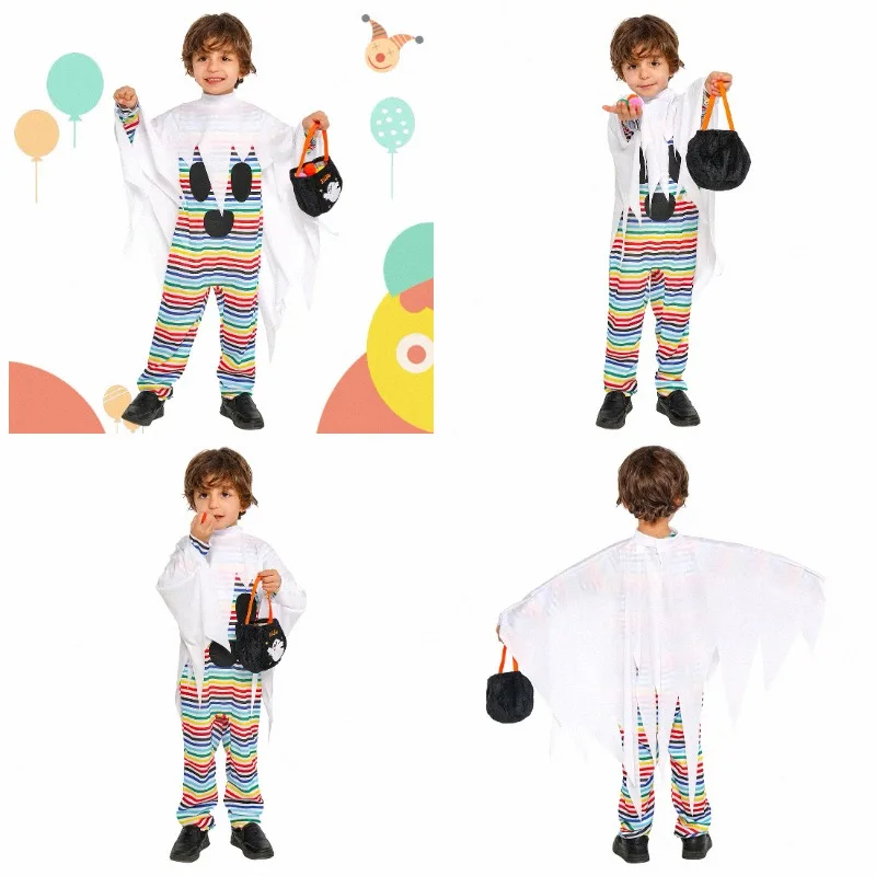 Halloween Unisex White Ghost Color Stripe Jumpsuit Horror Ghost Theme Party Stage Performance Little Ghost Cosplay Costume