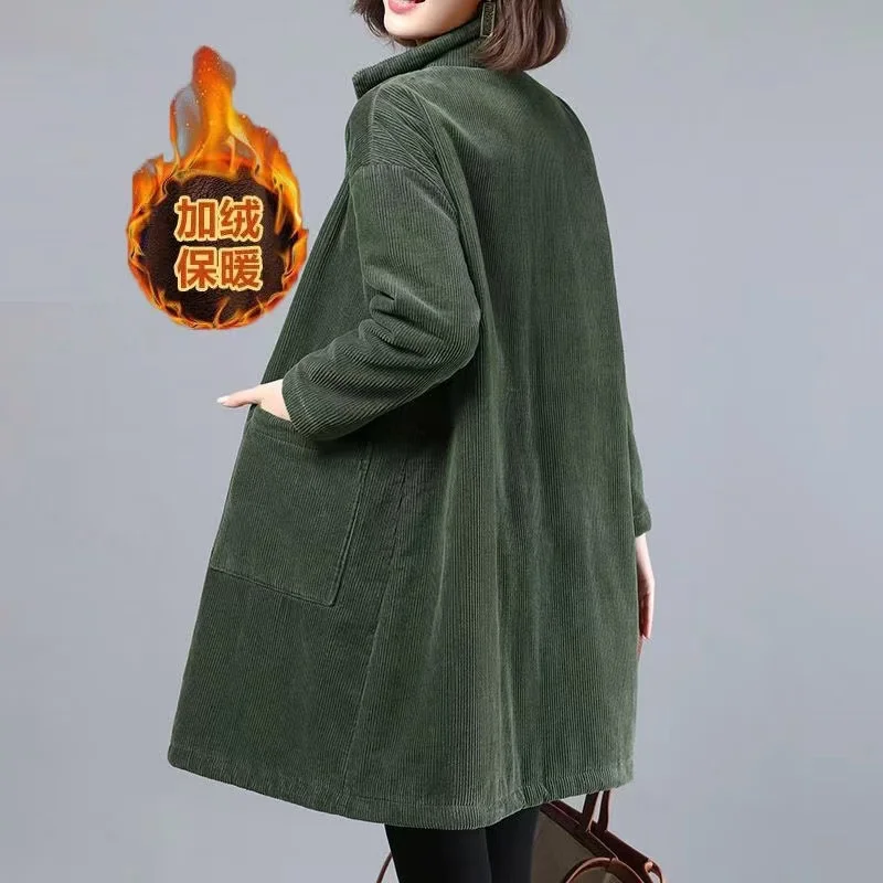 Chaqueta de pana gruesa para mujer, abrigo de manga larga holgado coreano, abrigo informal de algodón de longitud media, primavera y otoño, 2024