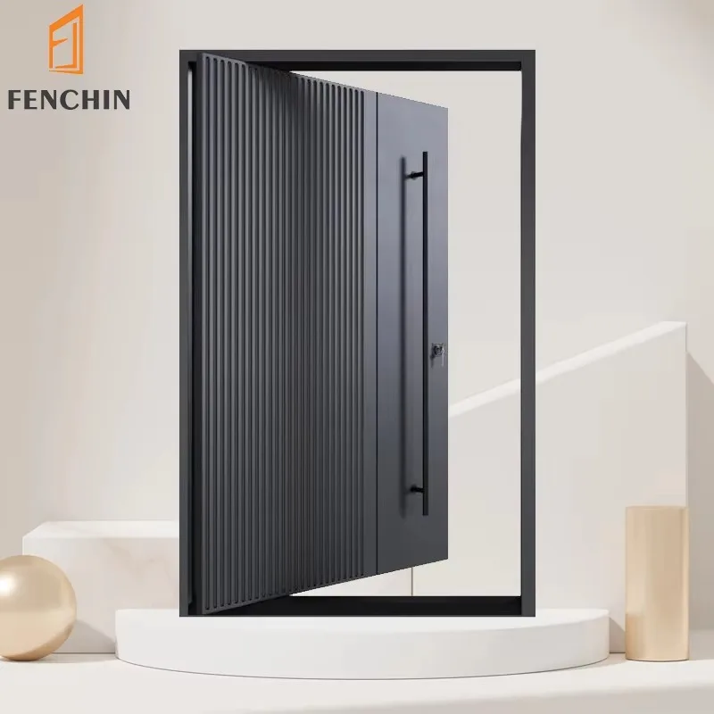 

Customized Villa Front Entry Pivot Doors With Black Aluminum Frame Sleek Glass Entry Doors For Contemporary Houses