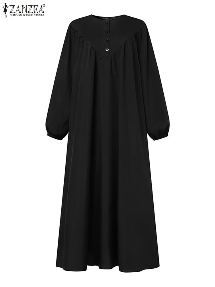 ZANZEA-Vestido largo musulmán de manga larga para mujer, prenda informal con cuello redondo, moda de Dubái, Turquía, Abaya, otoño