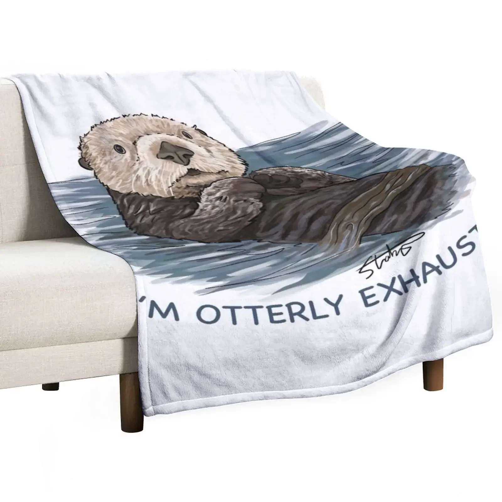 Sea Otter Sketch I'm Otterly Exhausted Throw Blanket Picnic Furry Blankets