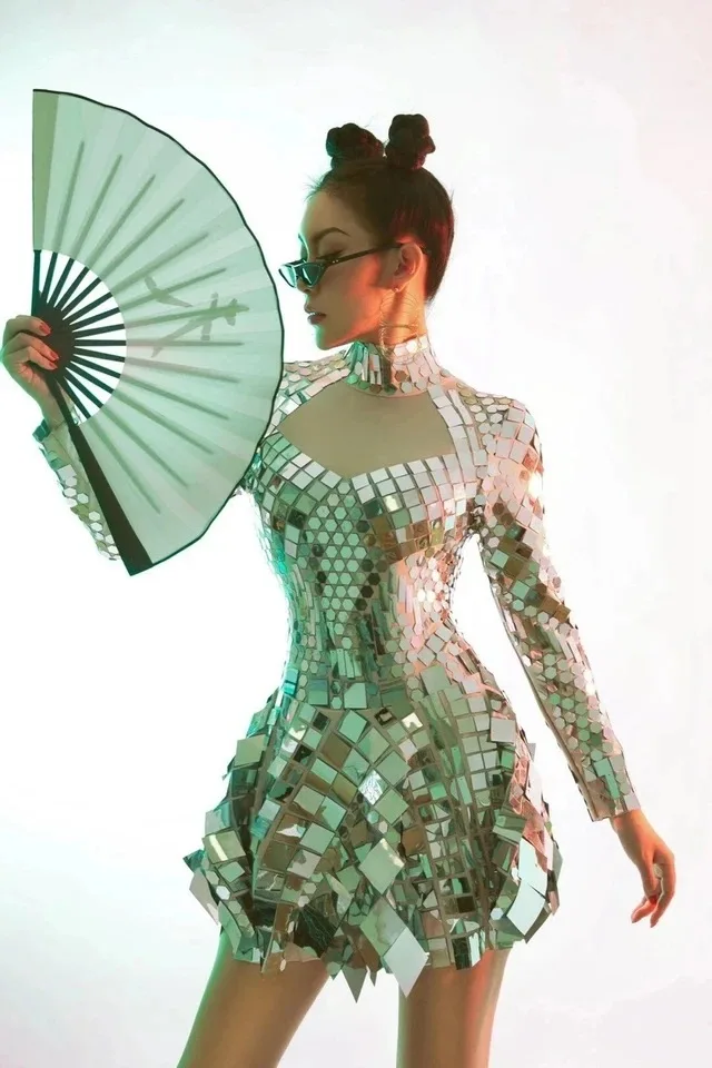 أداء الرقص المغني زي النادي الليلي حفلة الكرة ثوب المرأة المرحلة ارتداء وامض المرايا الفضية دنة تمتد فستان قصير #1