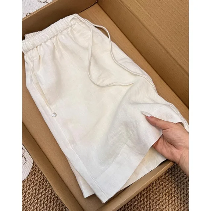 منفذ قوانغتشو الثالث عشر Fac الكتان الأبيض orts المرأة الصيف في الهواء الطلق عالية الخصر ألف خط بنطال ذو قصة أرجل واسعة عادية مستقيم الساق #2