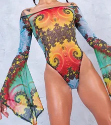 Women 3D Printing One Piece Swimwear Long Sleeve Flared Jumpsuit Off Shoulder Sports Swimsuit Multicolour Bodysuits Costumes