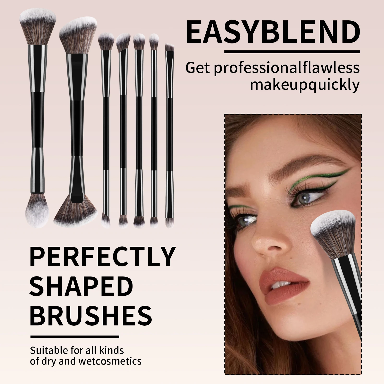 Ensemble de 7 pinceaux cosmétiques à double extrémité, poils doux, pour fond de teint, contour, sourcils, fard à paupières