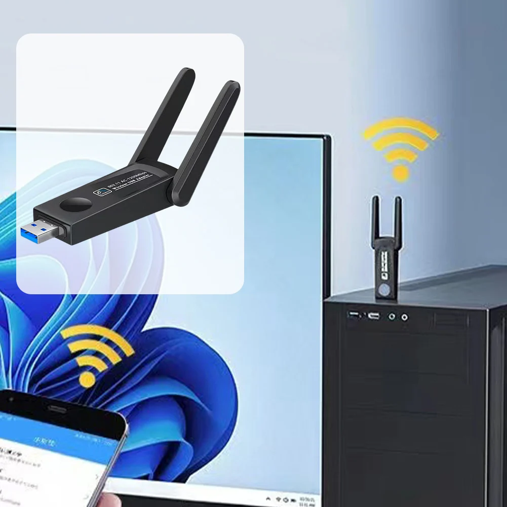 Placa de rede sem fio com antena dupla, adaptador WiFi, LAN Ethernet, Desktop e Laptop, 1200Mbps, USB 3.0, 2.4G, 5Ghz