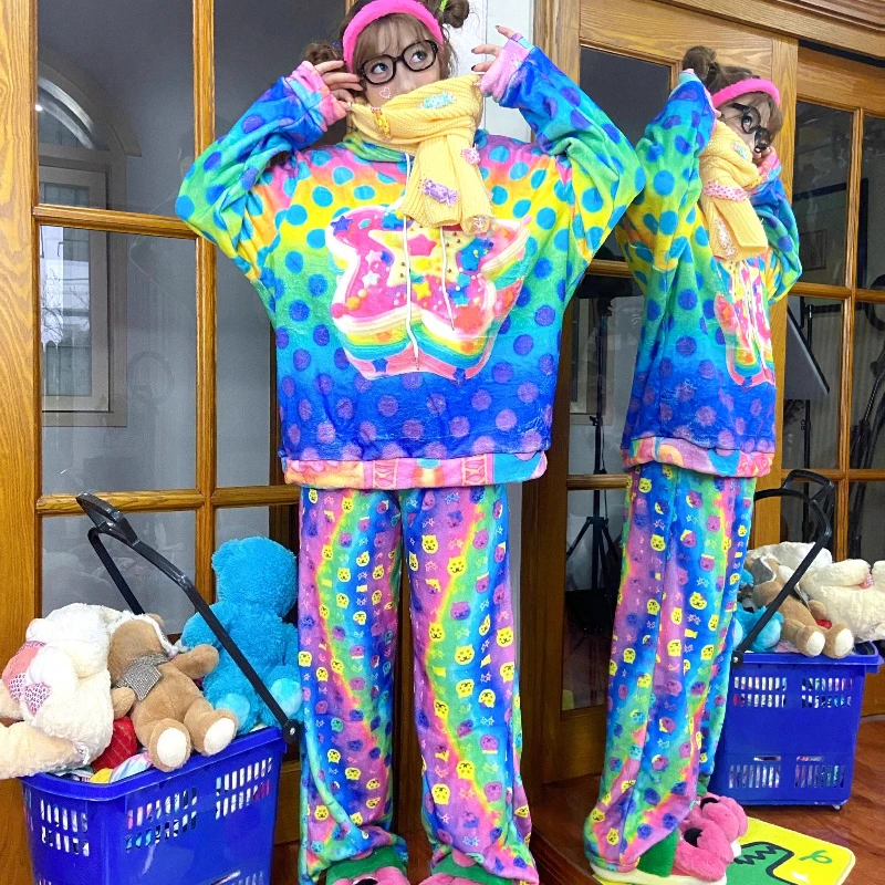 التصميم الأصلي Y2K الحيوان طباعة المرأة سراويل تقليدية النمط الياباني الخريف الشتاء جديد فضفاض الصوف مبطن سراويل طويلة السيدات #4