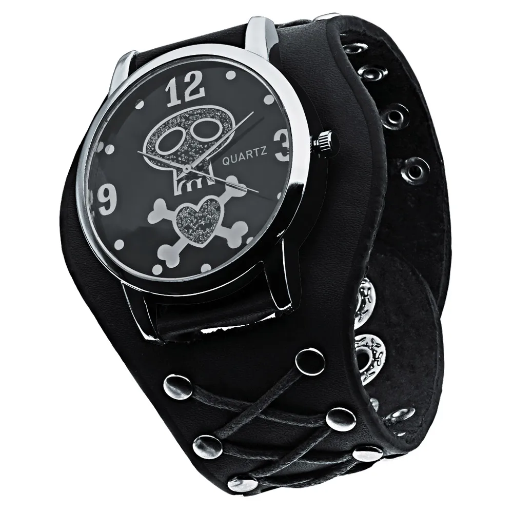 GOGARAMA-Reloj de pulsera de cuarzo para hombre, pulsera con botón de números de pesadilla antes de Navidad, correa de cuero, Calavera, Punk, regalos de cumpleaños y Halloween