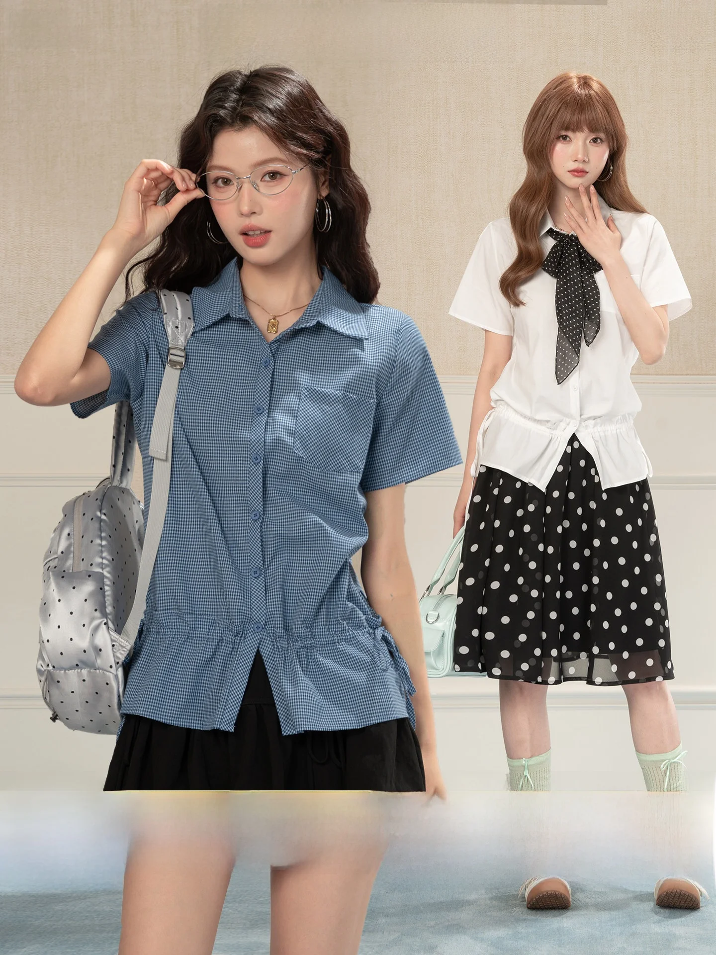 

Heynew American Sle Spicy Girl Blue Plaid ort Sve irt Women's Summer Waist Cinching Design Sense Blouse Cotton Polye...