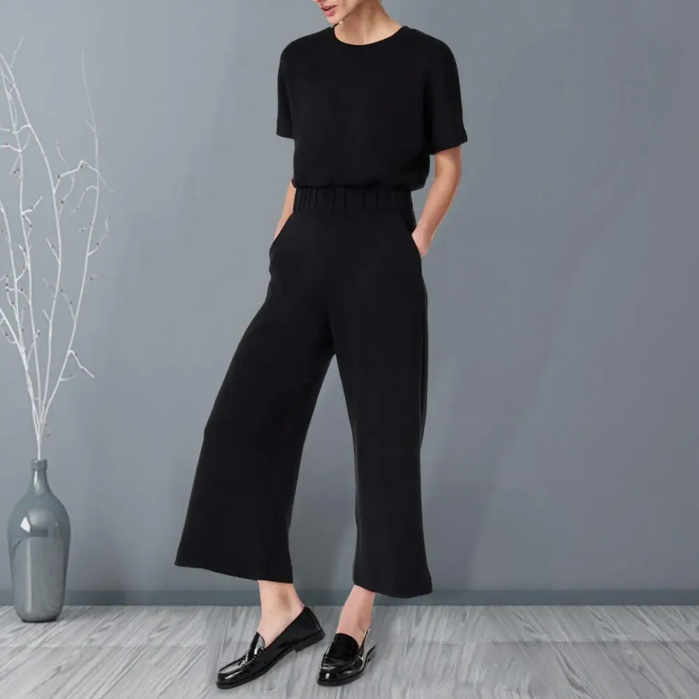 

T-shirt Jumpsuit Stylish Summer Women's Jumpsuit with O Neck Short Sleeves Elastic Waist Wide Leg Design with Side Pockets Solid