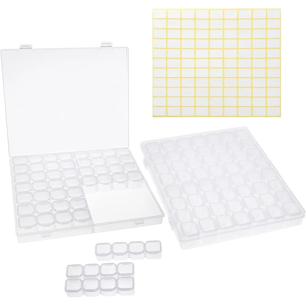 2 Pack Plastic Bead Containers, 56 Grids Plastic Storage Containers with 198 Pcs Label Stickers Diamond Painting Accessories