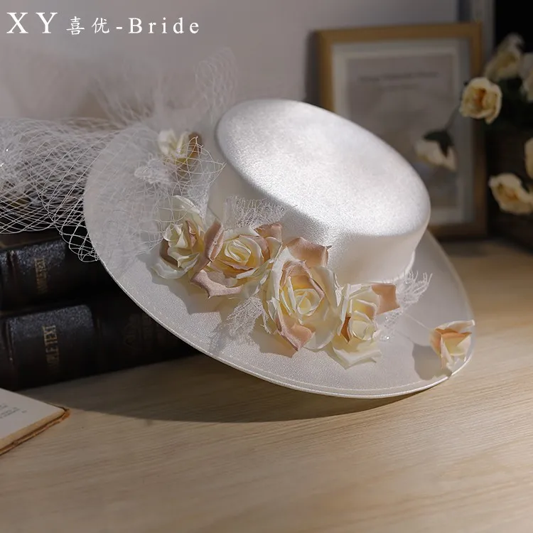 Brand White Satin Flower Fedoras For Women Large Deep Wedding Hat With Face Veil Bride Photo Shooting Fascinator Hat Headdress