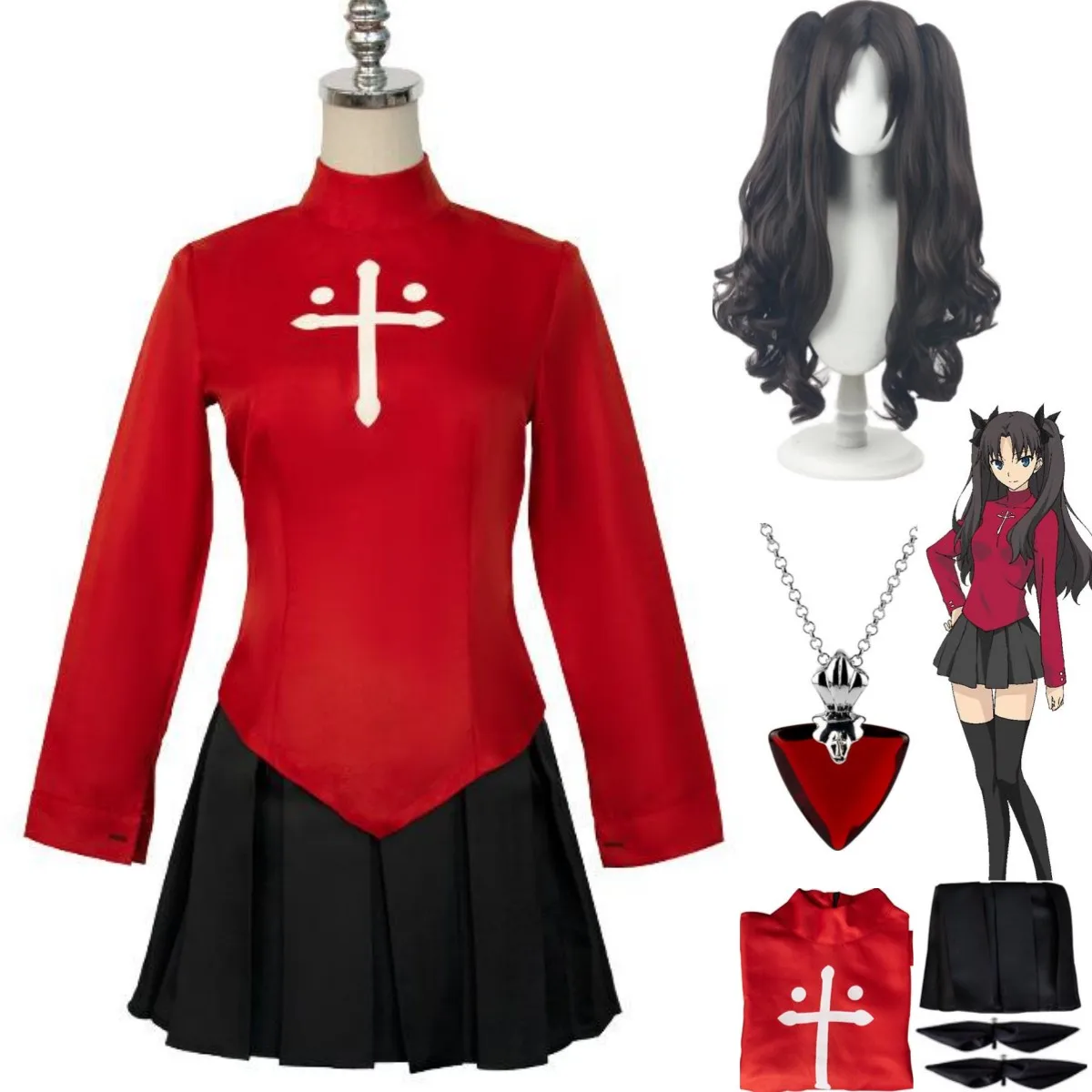 Anime Game Fate/Stay Night Tohsaka Rin Cosplay Costume Wig Red Long Sleeved Uniform Necklace Woman Sexy Kawaii Halloween Suit