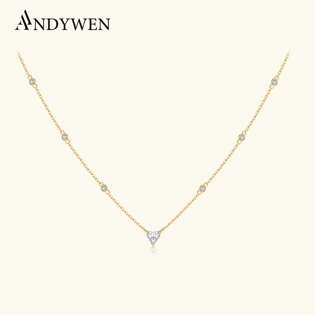 ANDYWEN 925 Sterling Silver Heart Round CZ Zircon Charm Necklace Long Choker Luxury Party Anniversary Winter Jewelry For Women