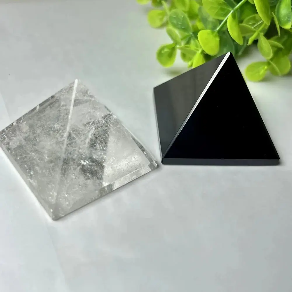 3-4CM Natural White Crystal & Obsidian Pyramid Reiki Healing Handmade Polished Gemstone Clear Quartz Pyramid Home Decor Gift