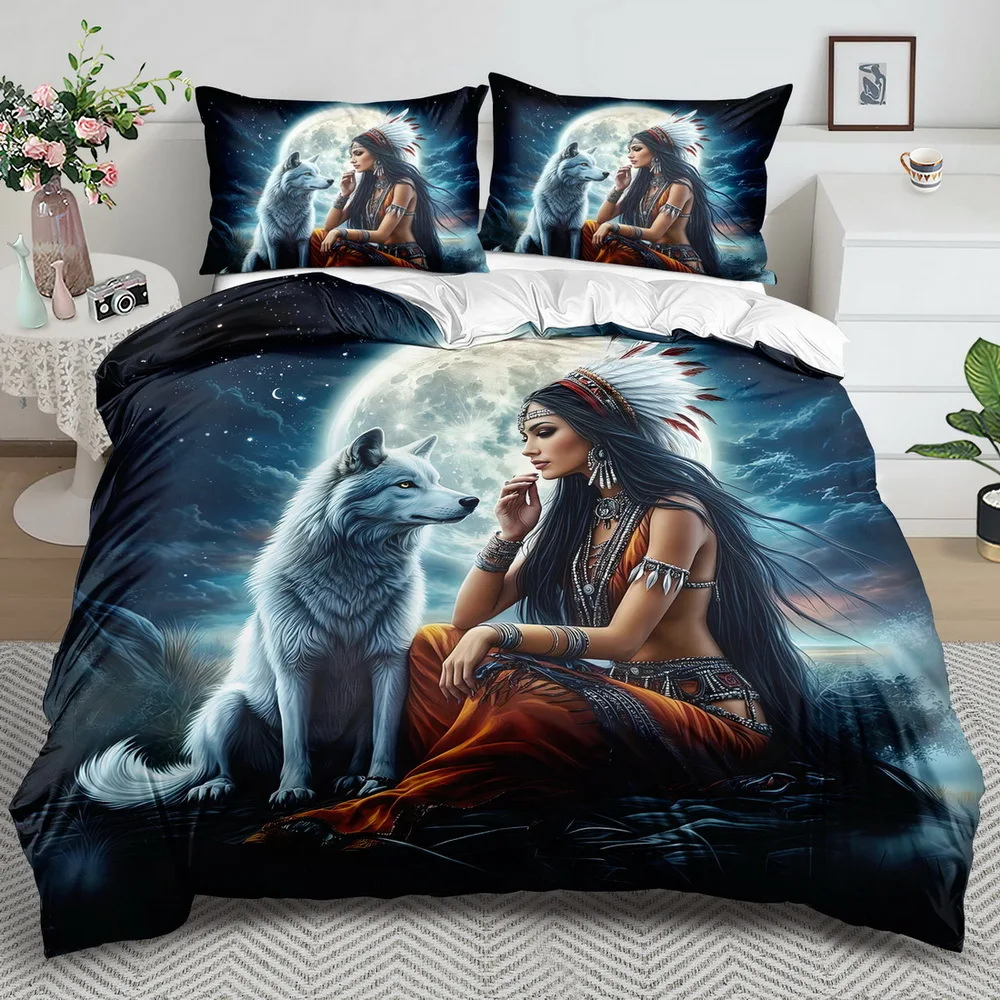Wolf And Beauty Bedding Set 3D Printing 2-3 Piece Set (No Core) Suitable for Bedroom Duvet Cover Set Gift Home Decor Textile