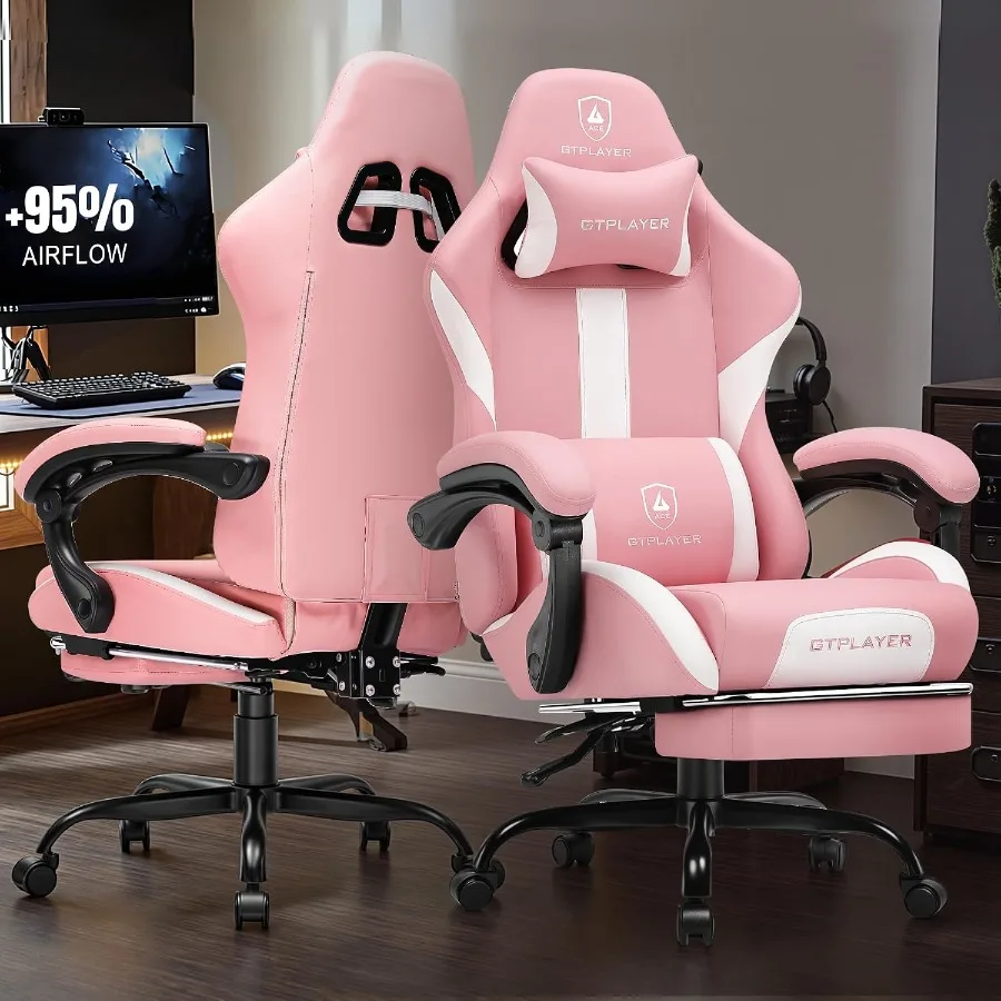 Gaming Chair with Foot Rest Pocket Spring Cushion, Ergonomic High Back Computer Chair for Home Office Desk, PU Leather, Pink, E