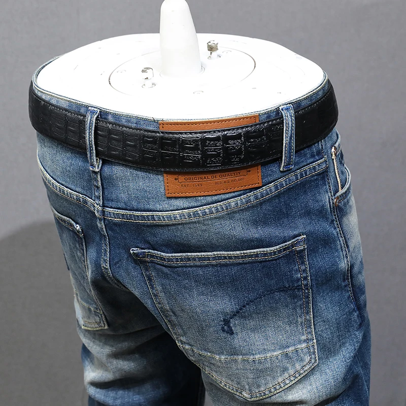 Newly Designer Fashion Men Jeans Retro Blue Stretch Slim Fit Ripped Jeans Men High Quality Vintage Casual Denim Pants Hombre