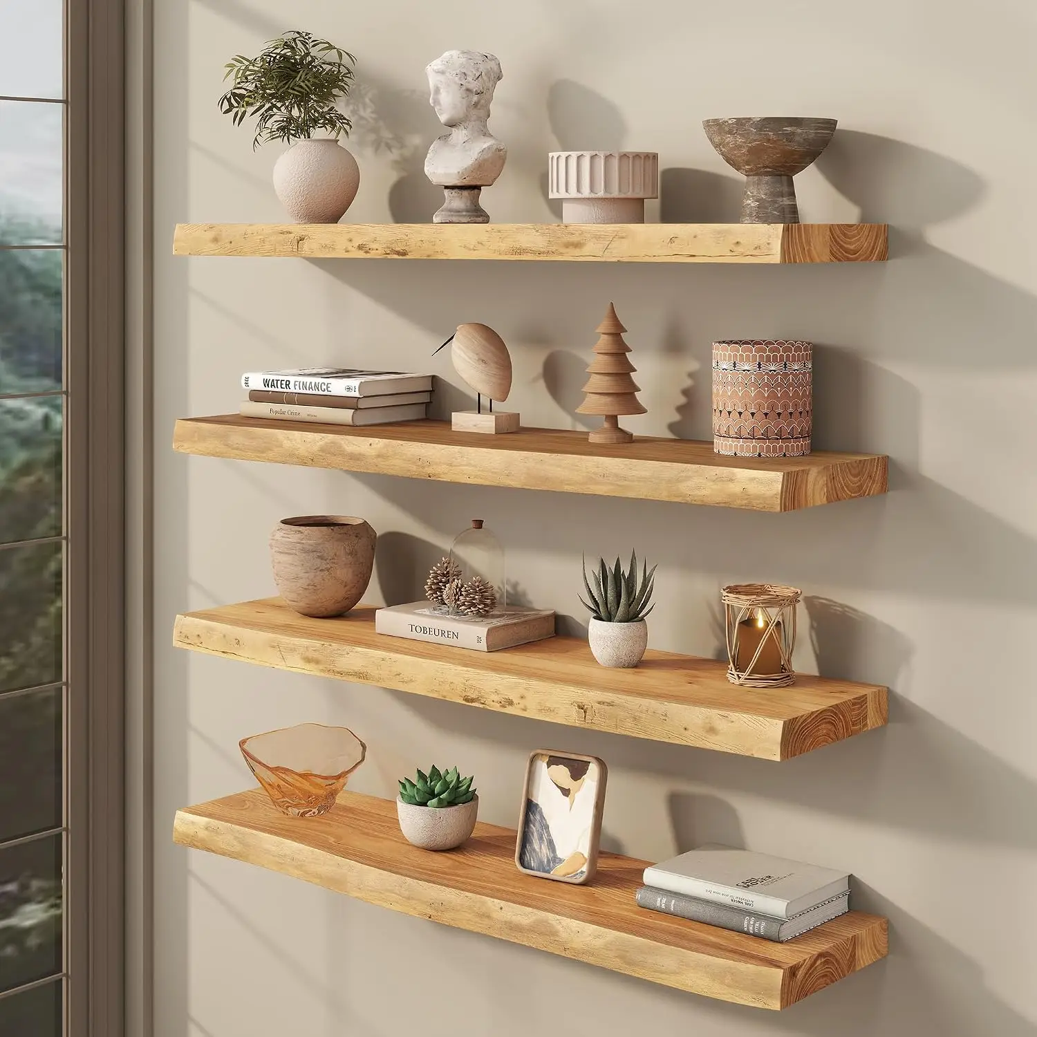 fuqing Live Edge Floating Shelves for Wall 30 inch, 8 Inch Deep Solid Elm Wood Floating Wall Shelves - Rustic Wooden Shelves wit