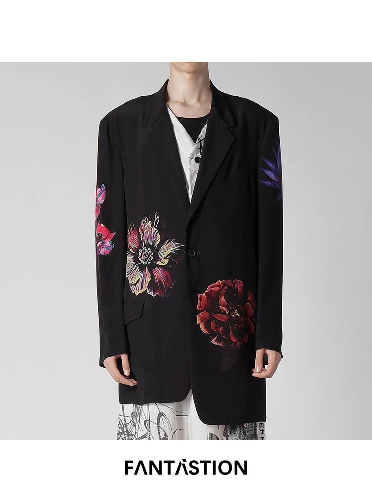 

FANTASTION Silk flowers print Blazer Asymmetric length on both sides Unisex casual Loose and oversized suit jacket