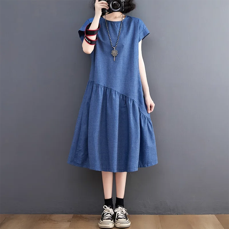 

2024 Summer New Casual Jeans Dresses Women's Fashion Literary Loose Crewneck Lotus Leaf Splicing Cowboy Long Pullover Dress