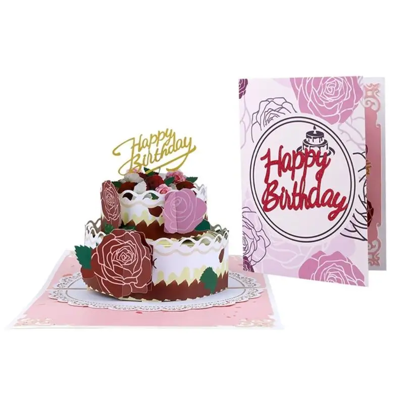 652F Unique Rose Garden Cake Greeting Card for Birthday Celebration Includes Blank Notecard and Envelope