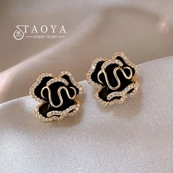 2025 New Luxury Micro Set Zircon Black Camellia Flower Earrings for Womens Korean Fashion Jewelry Party Exquisite Accessories