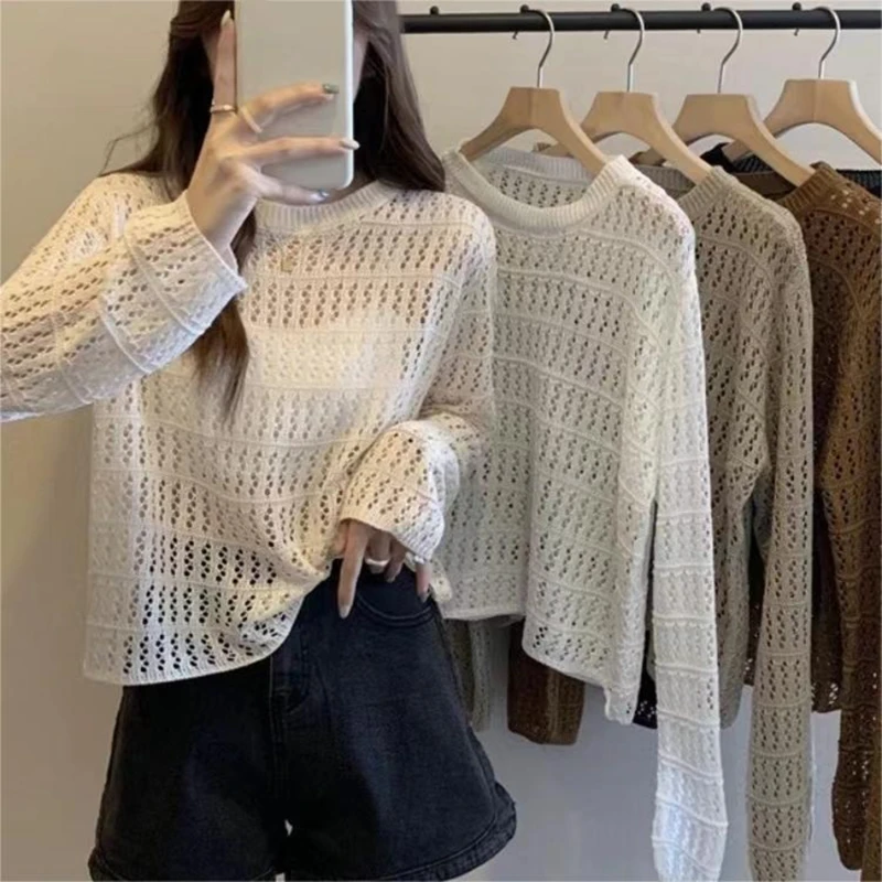 

BIGSWEETY Women O-Neck Loose Casual Shirt Hollow Out Beach Top Knit Long Sleeve Tees See-through Crop Top Spring Summer