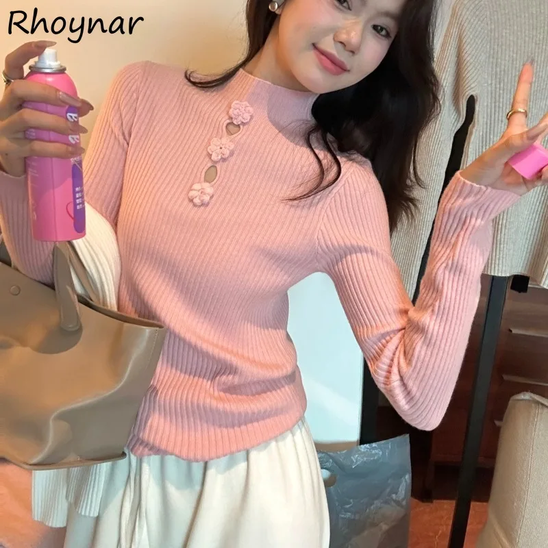 

Pullovers Women Autumn Elegant Ladies Temperament Hollow Out 3D Floral Long Sleeve Basic Inner All-match Casual Ulzzang Slimming