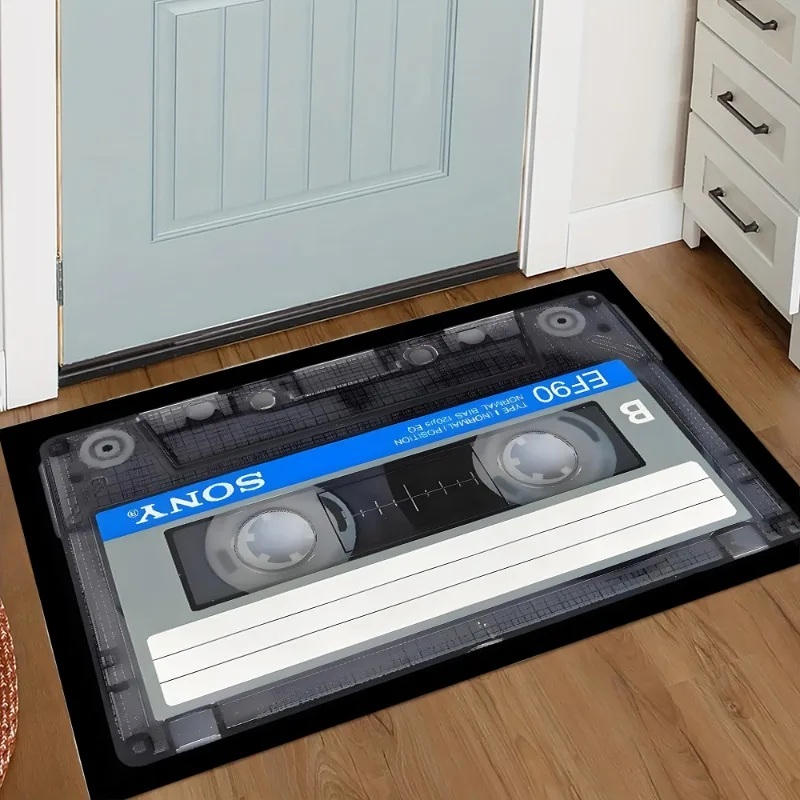 Alfombra con estampado de cinta de casete Vintage, alfombra de registro Retro negra con alfombra única para el suelo, decoración del hogar, alfombra de cocina, alfombra para puerta divertida