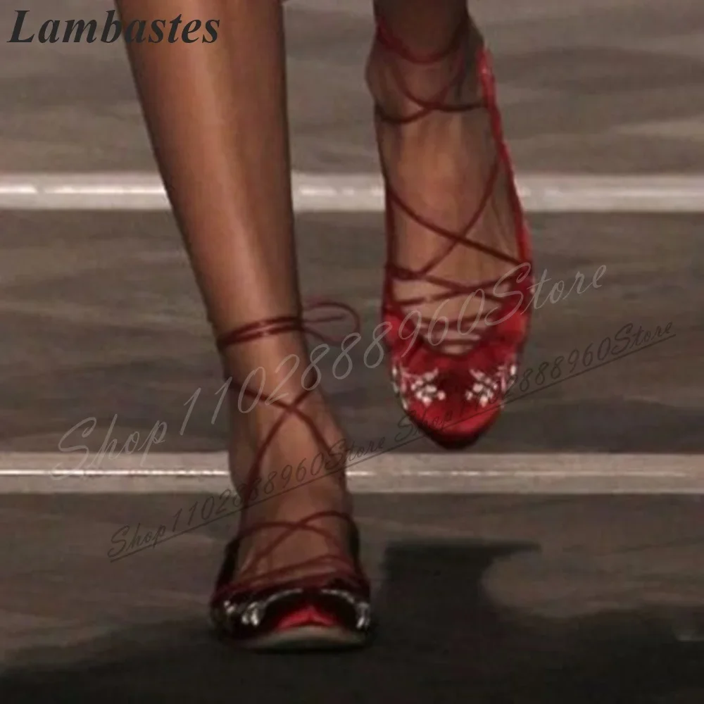 

Catwalk Red Cross Tied Embroider Pumps Cover Heel Flat With Shoes For Women Lace Up Round Toe 2024 Fashionable Zapatillas Mujer