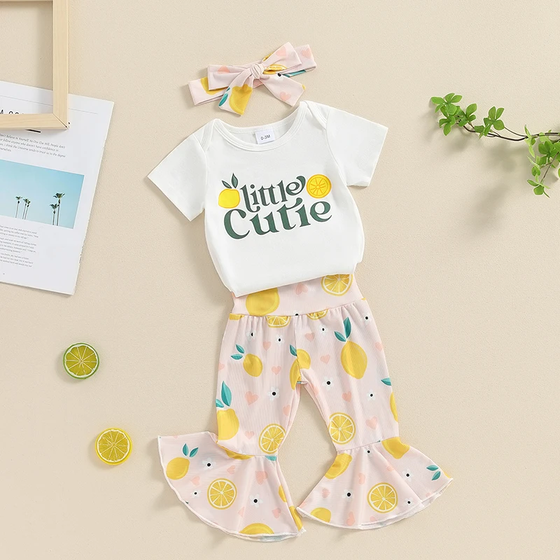 Baby Girl 3 Piece Outfits Letter Print Short Sleeve Romper Lemon Flare Pants Headband Toddler Summer Set