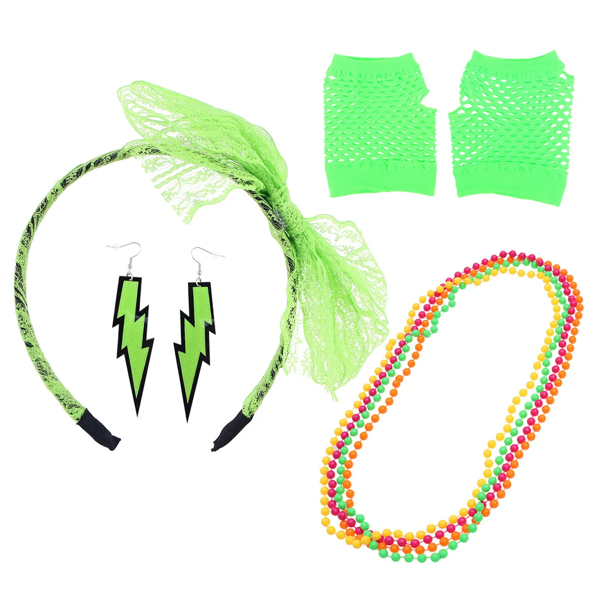 80年代コスチュームアクセサリーセットライトグリーン指なし手袋ネオンイヤリングレースヘッドバンドネックレスハロウィーンパーティーディスコ用