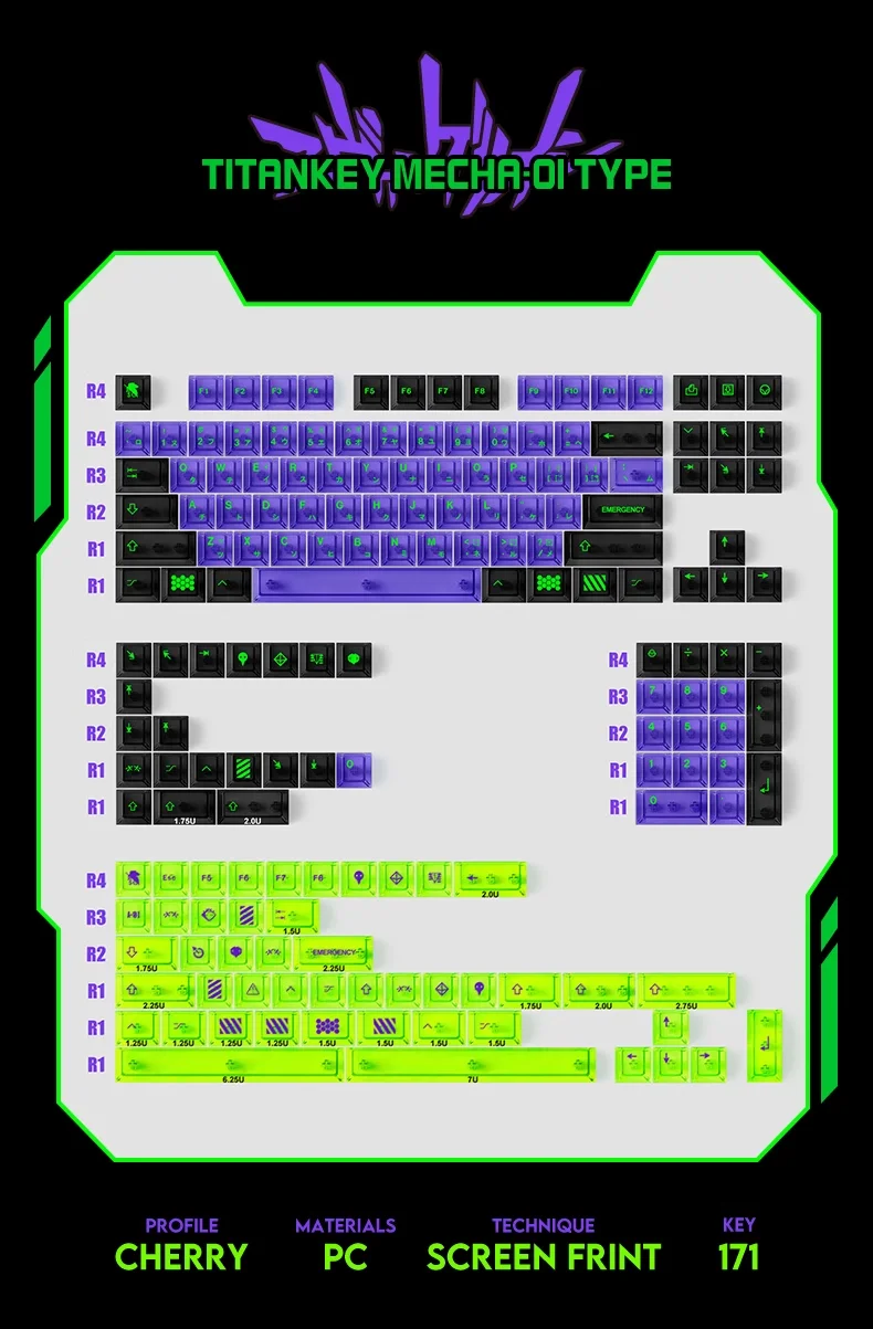 EVA Mecha-01 keycaps 152/171 keys PBT keycaps Cherry profile DYE-SUB compatible with a variety of mechanical keyboards