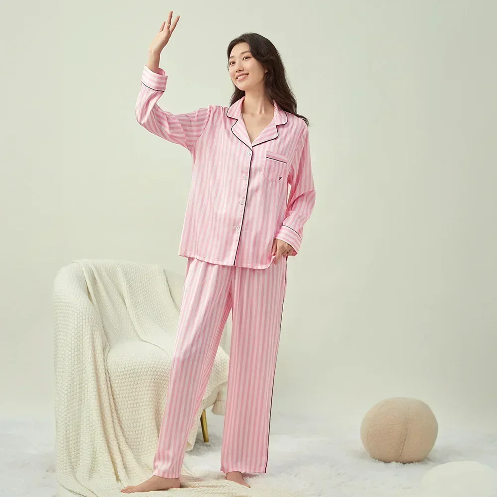 

Secret new lapel long-sleeved pink striped ice silk pajamas women's loungewear sweet suit