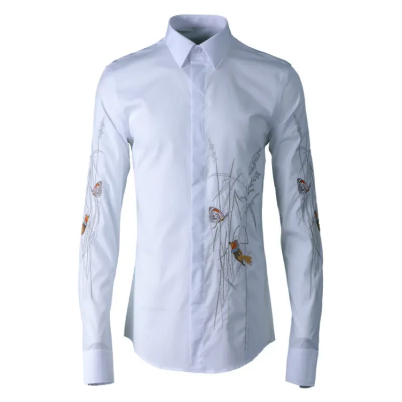 Autumn and winter Chinese style flower and bird embroidery long sleeved men's fashion brand shirt men's hair collection