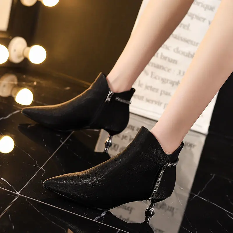 Women\'s Ankle Boots Rhinestone Booties Elegant with Low Heels Footwear Pointed Toe Short Shoes for Woman Sexy Chic Sale Boot Hot