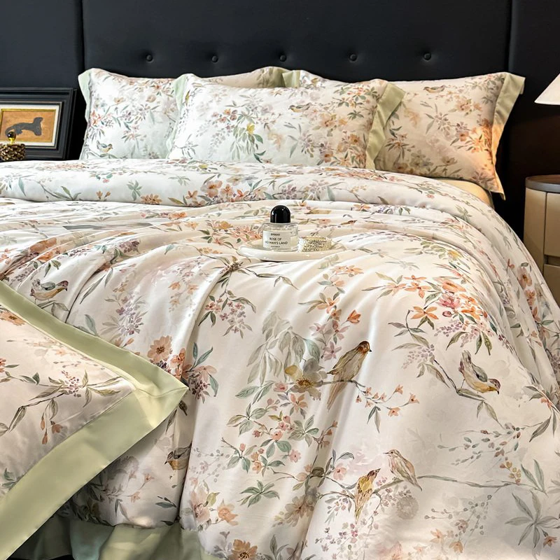 Floral Botanical Prints Luxury Bedding Set Lyocell Eucalyptus Fiber Soft Silky Duvet Cover Flat/Fitted Bed Sheet Pillowcase 4Pcs