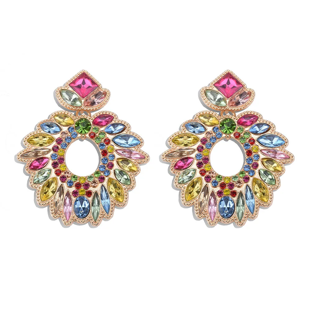 Cross-border earrings Alloy Diamond Rhinestone Colored Diamond Geometric Floral Earrings Hipster ins Internet celebrity earrings