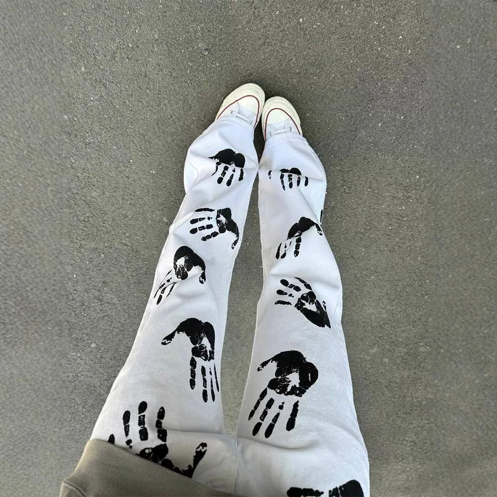 White Palm Print Flared Straight Leg Jeans Cool Hip Hop Street Style Casual Cotton Blend High Waist Jeans for Teen Boys